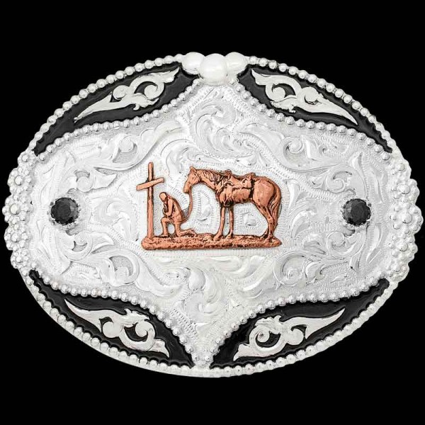 Our Praying Cowboy Belt Buckle is built on a shiny german silver base with black enamel and hand engraving, featuring a copper cowboy figure in the classic pose. Order it now!